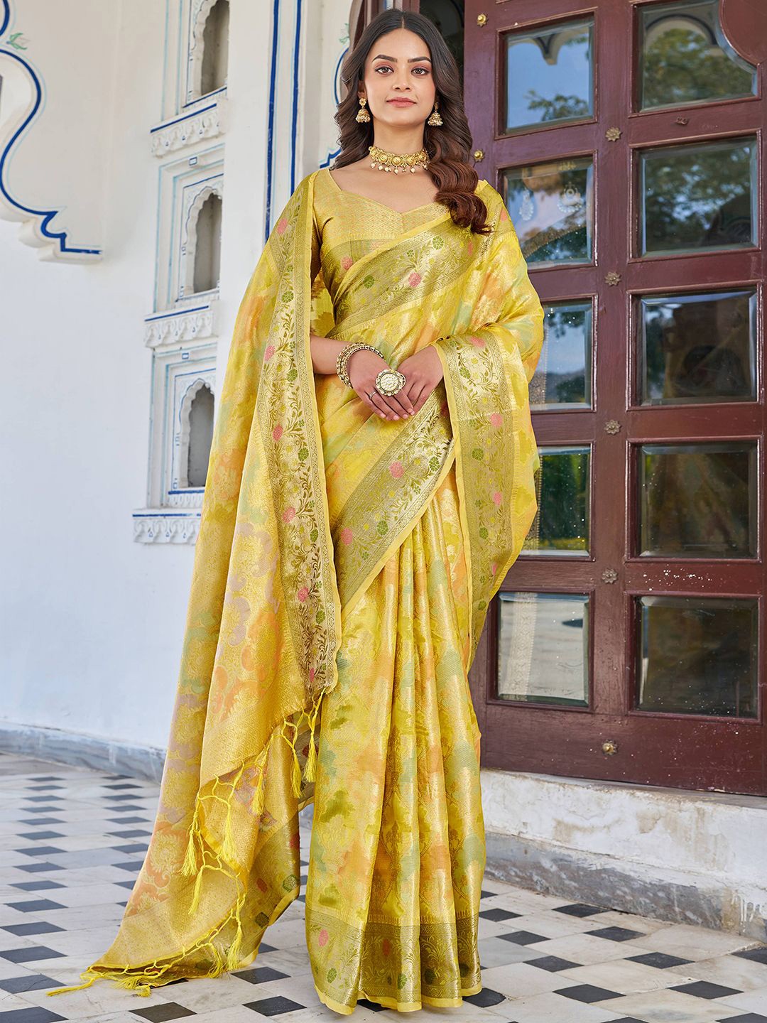 

all about you Woven Design Zari Pure Silk Saree, Yellow