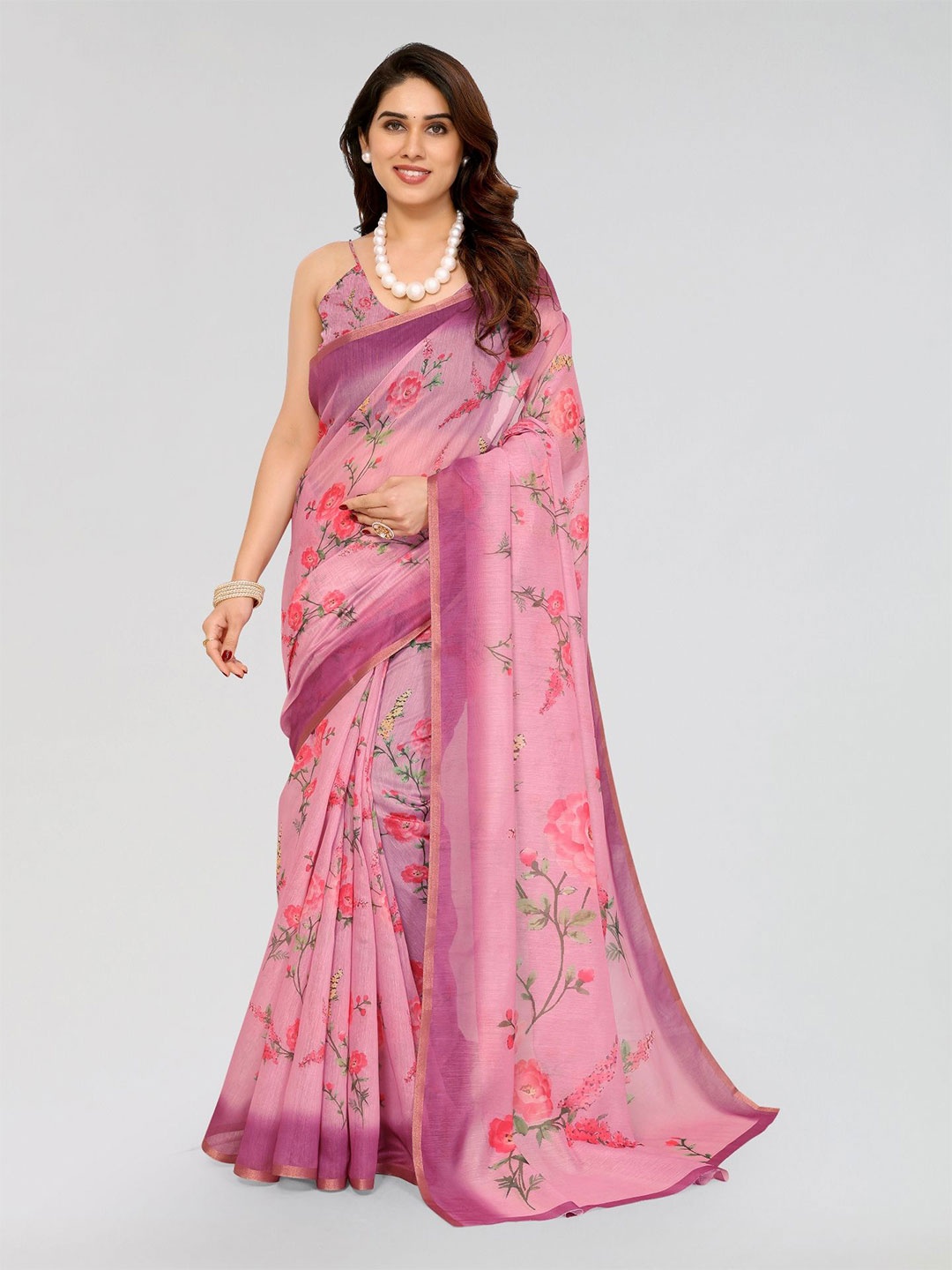 

Moda Rapido Floral Zari Saree, Pink