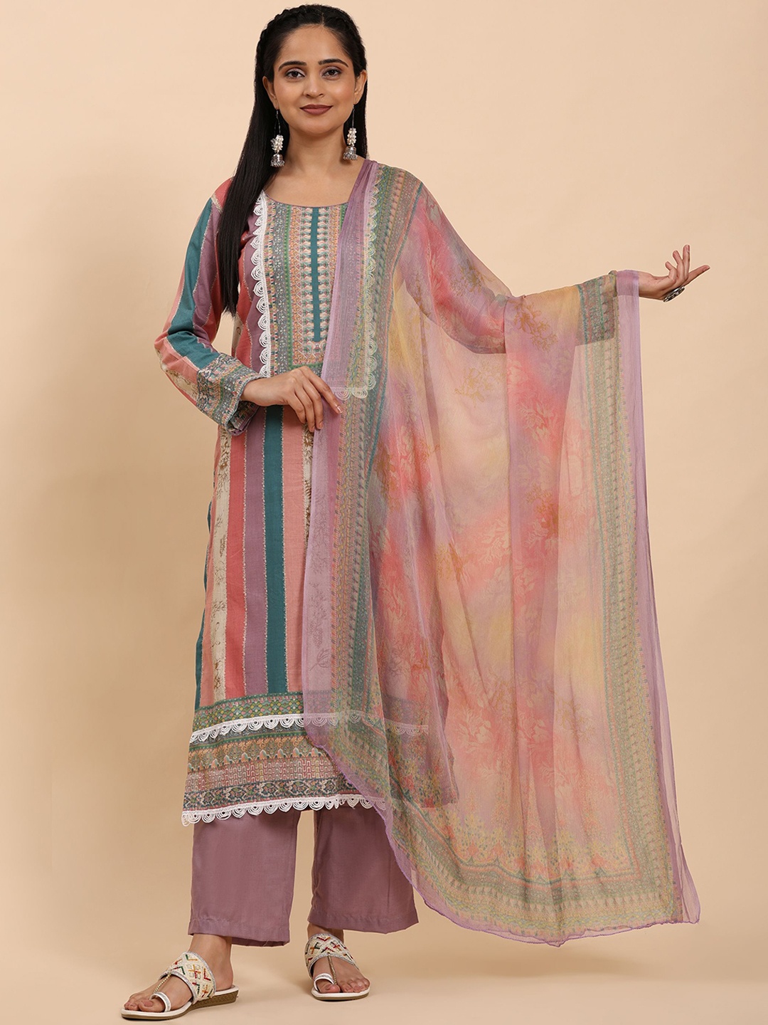 

Mamicha Women Ethnic Motifs Printed Regular Thread Work Pure Cotton Kurta with Palazzos & With Dupatta, Mauve