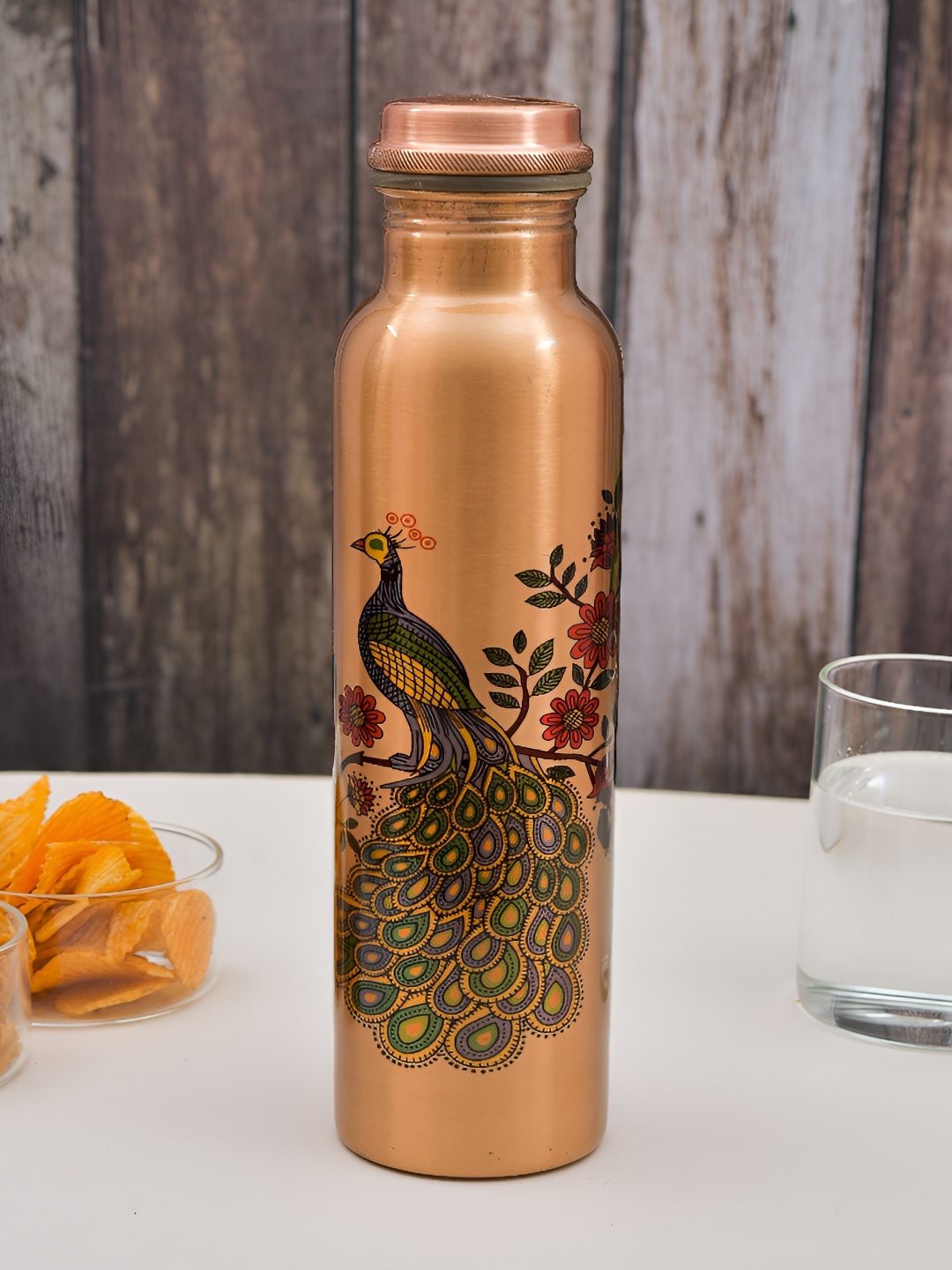 

OGGN Peacock Printed Lacquer Coated Pure Copper Water Bottle 1000ml