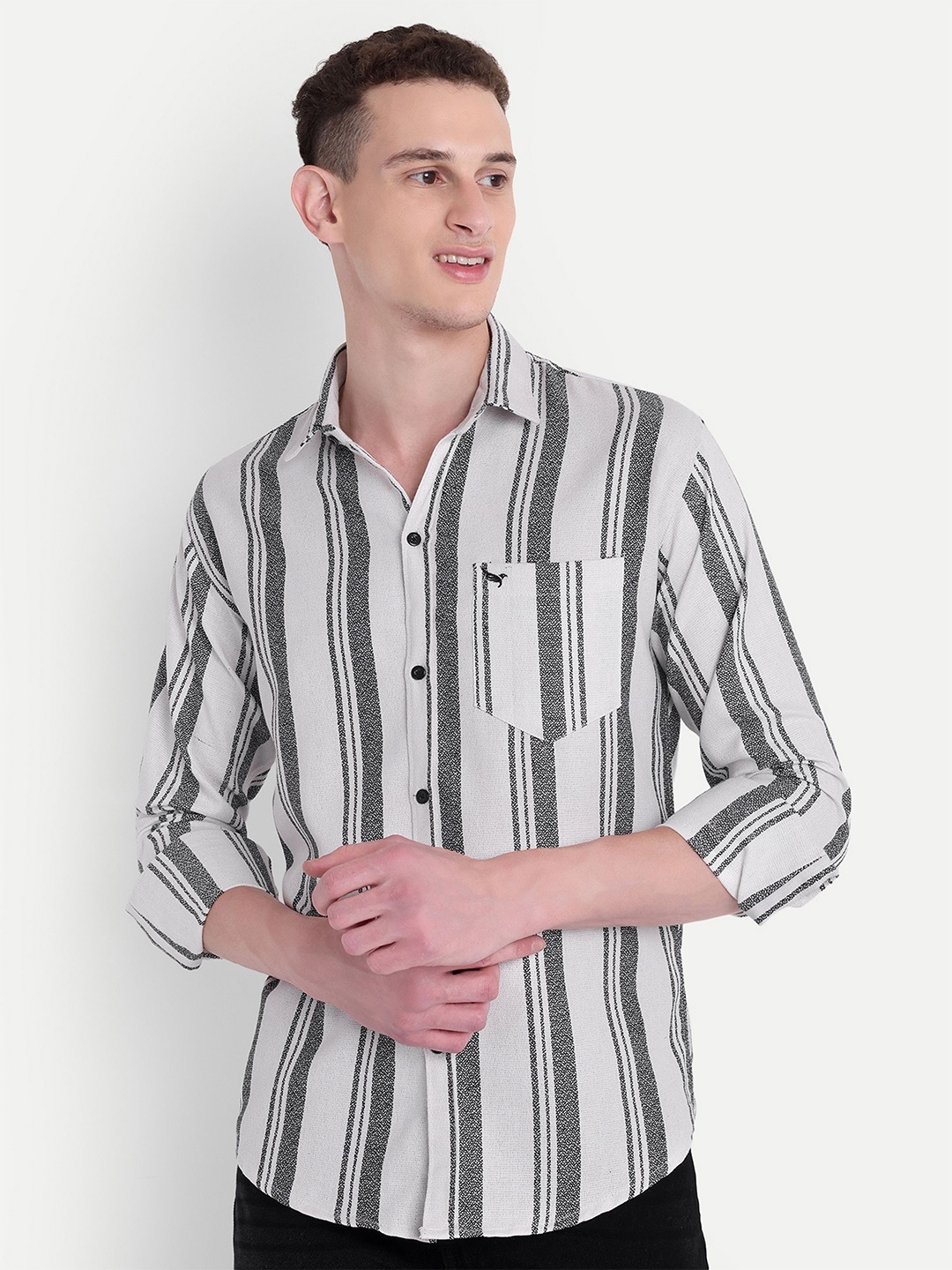 

Moda Rapido Men Classic Opaque Striped Casual Shirt, White