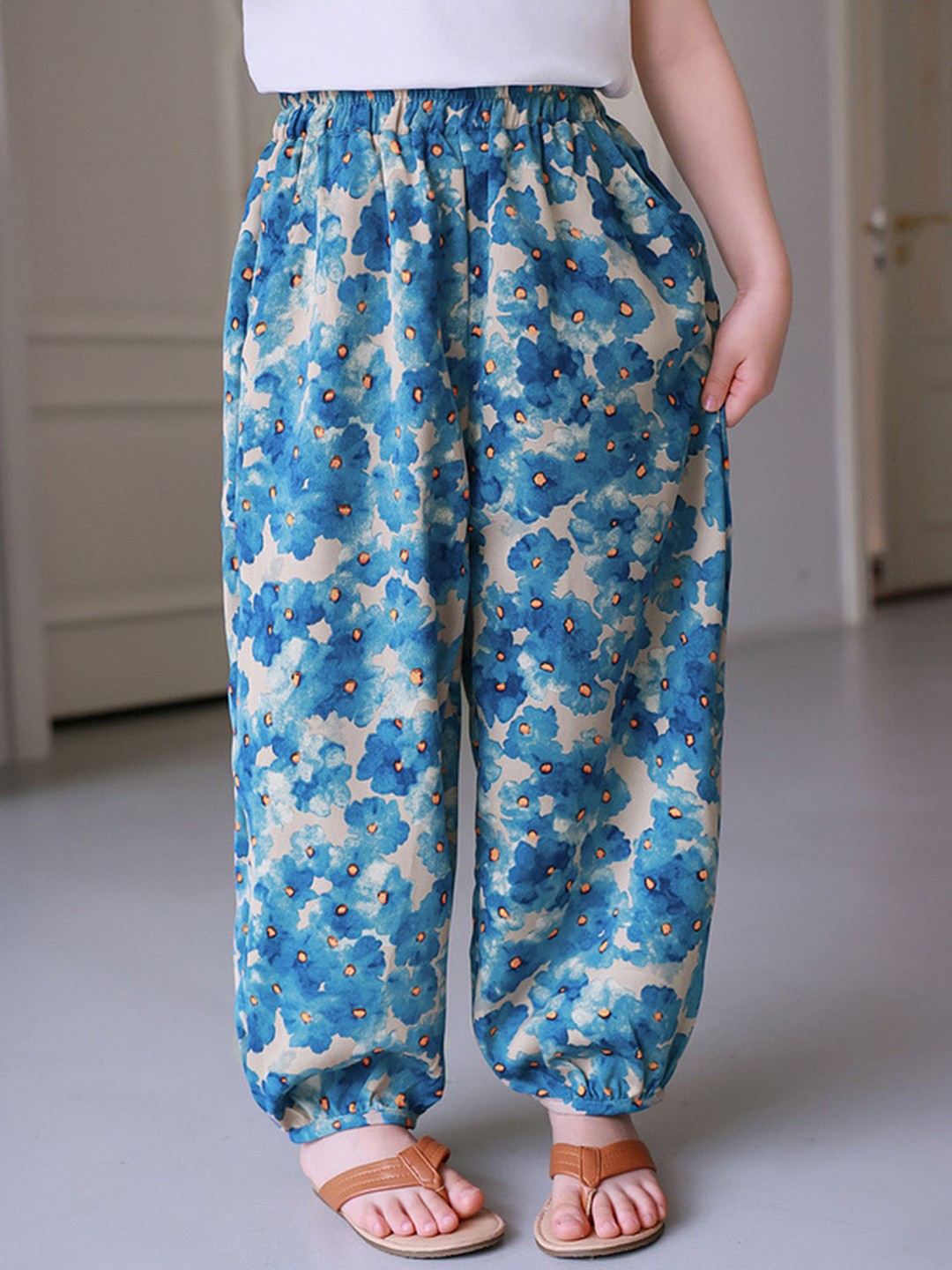 

LULU & SKY Girls Floral Printed Loose Fit High-Rise Trousers, Blue