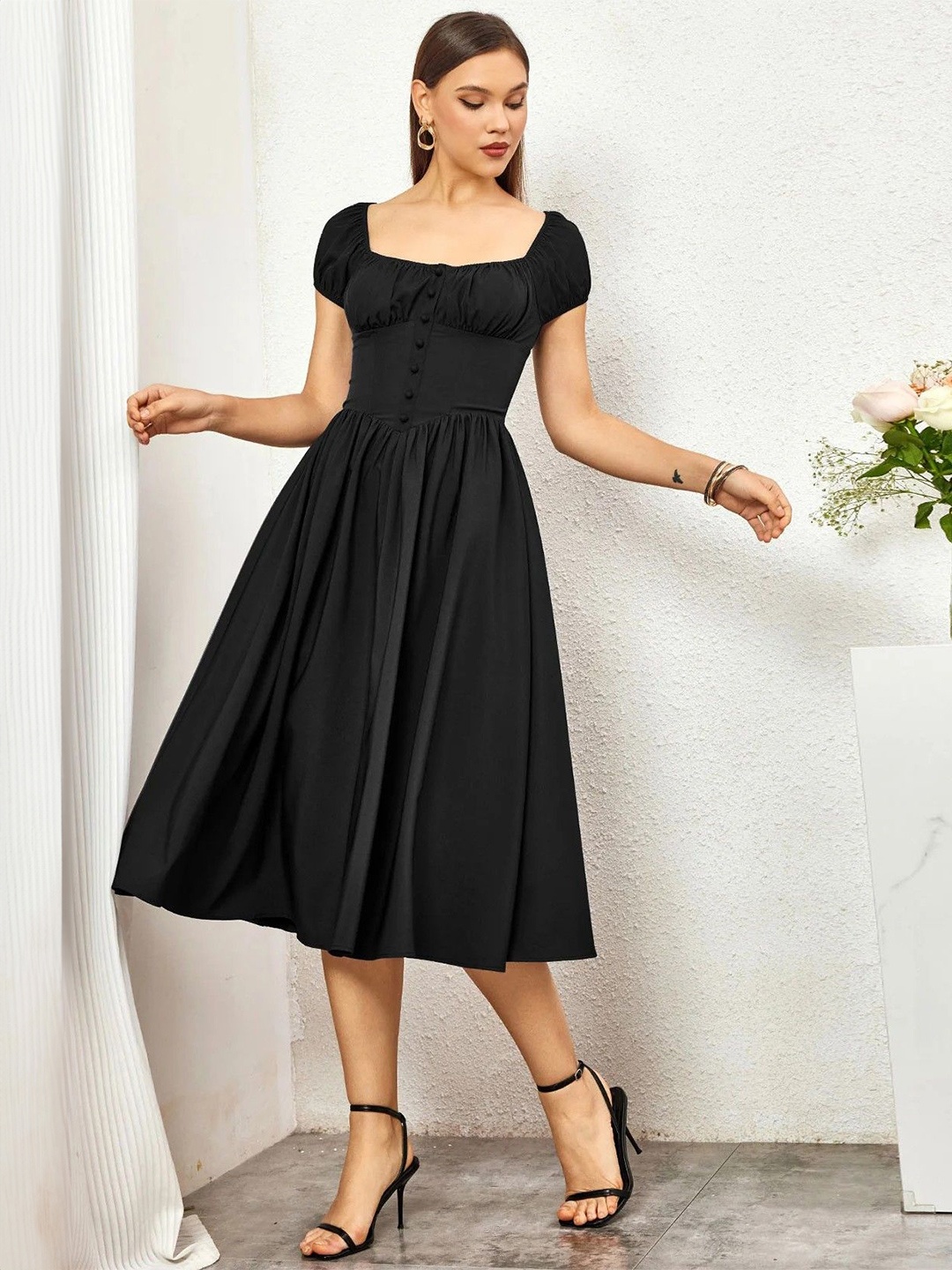 

ELYRAA Print Puff Sleeve Fit & Flare Midi Dress, Black