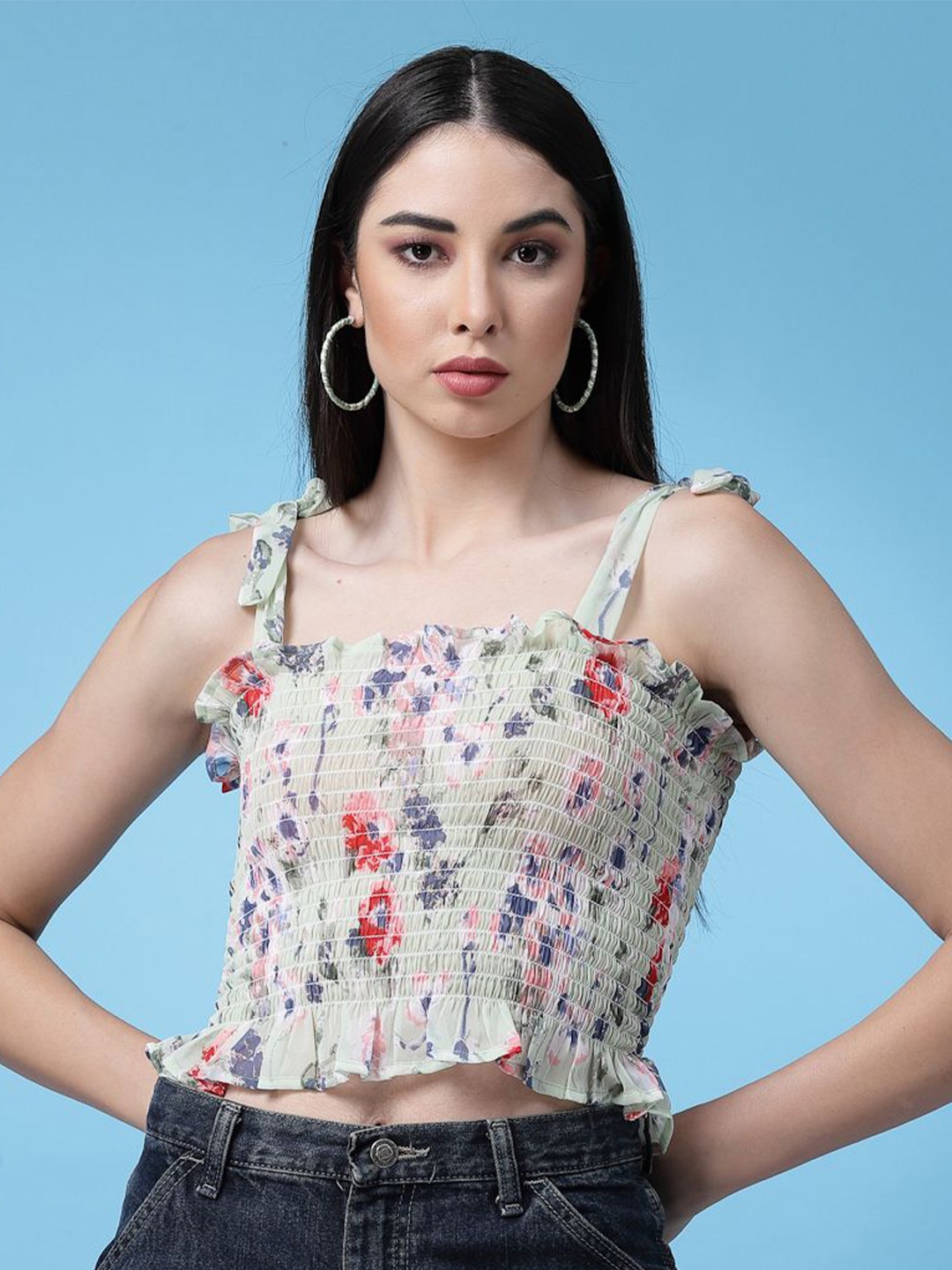 

Chemistry Floral Print Off-Shoulder Smocked Georgette Tube Crop Top, Green
