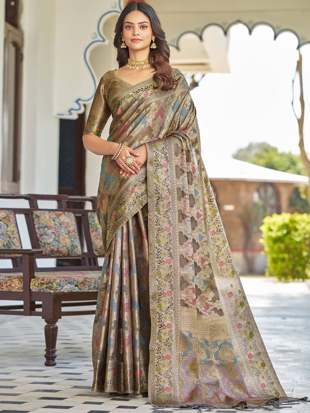 

all about you Woven Design Zari Pure Silk Saree, Grey