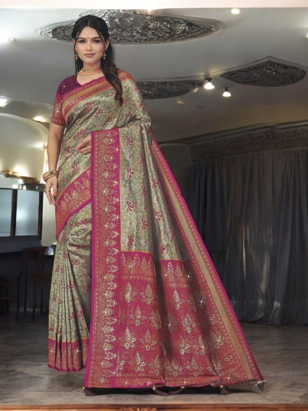 

SHOPPKEE Woven Design Zari Art Silk Block Print Saree, Grey