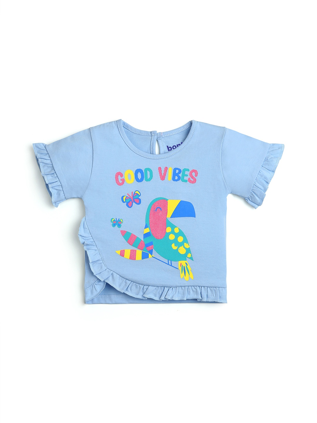 

BONTOTS Girls Typography Printed Organic Cotton Applique T-shirt, Blue