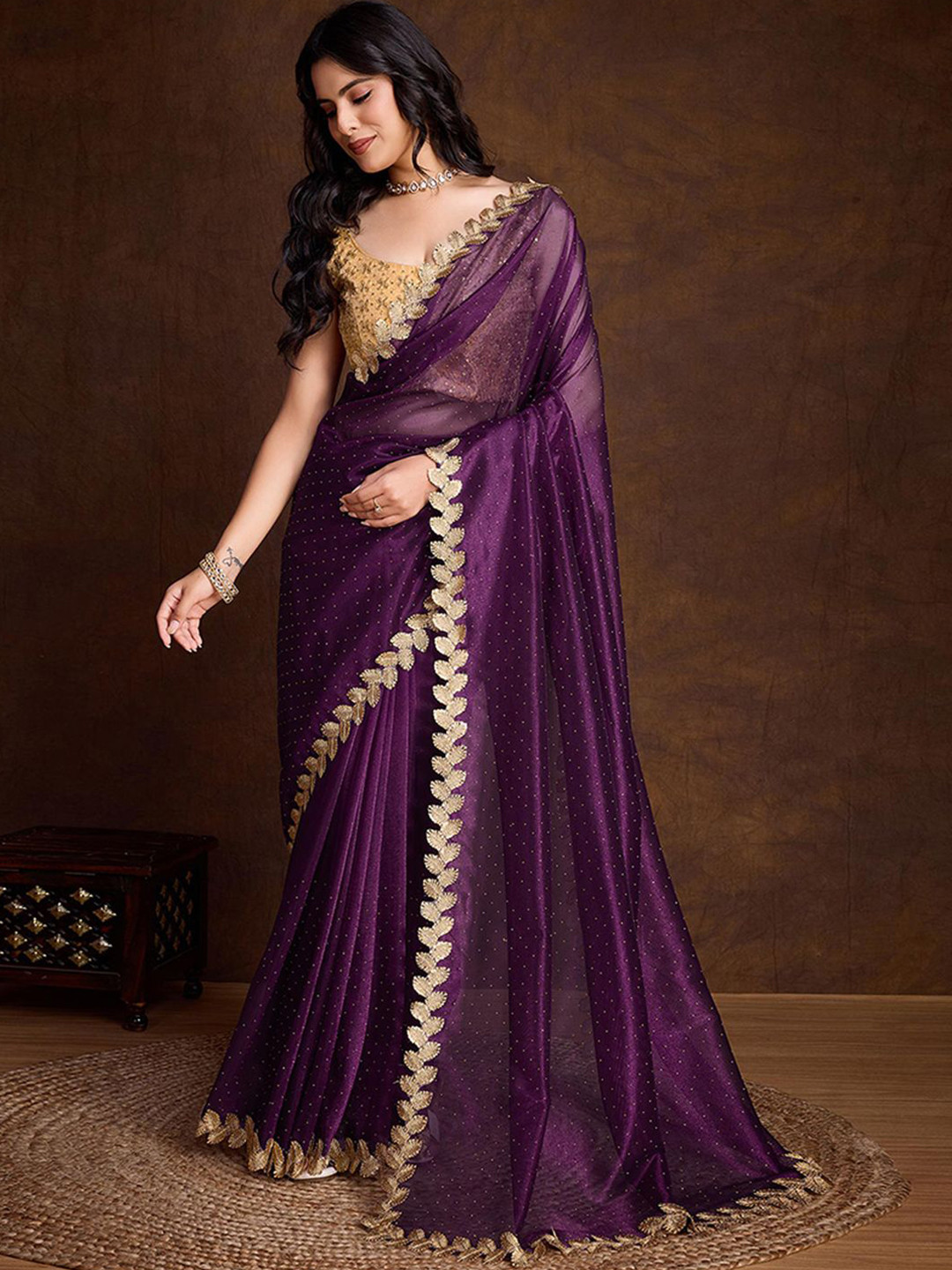 

Peachmode Beads and Stones Net Saree, Purple