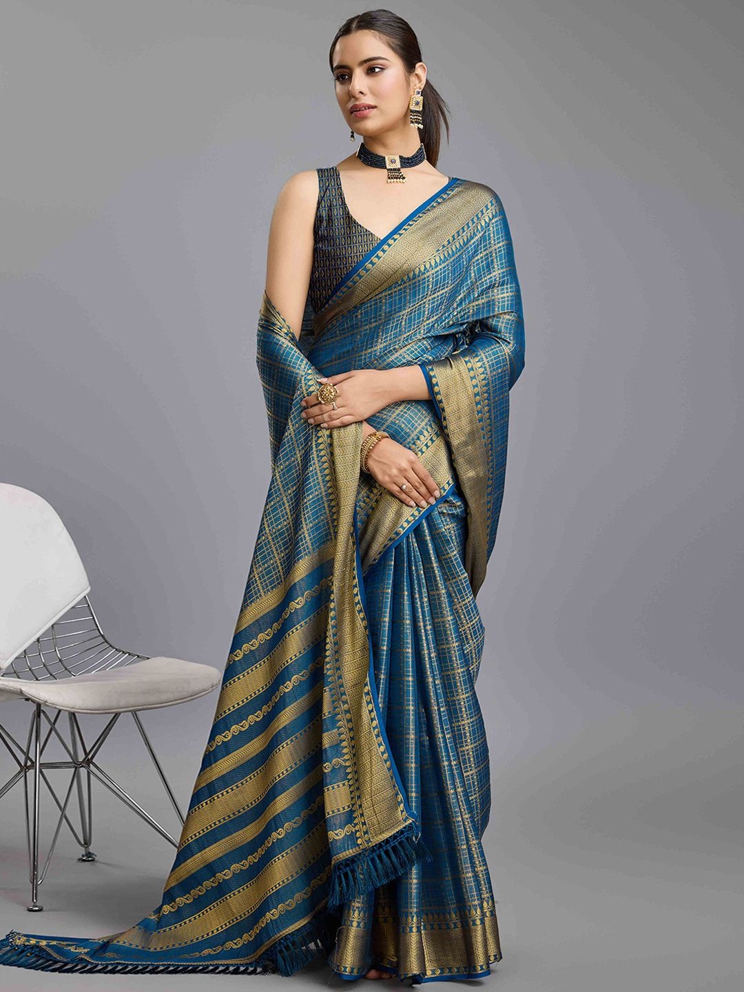 

Peachmode Checked Zari Silk Blend Mysore Silk Saree, Teal