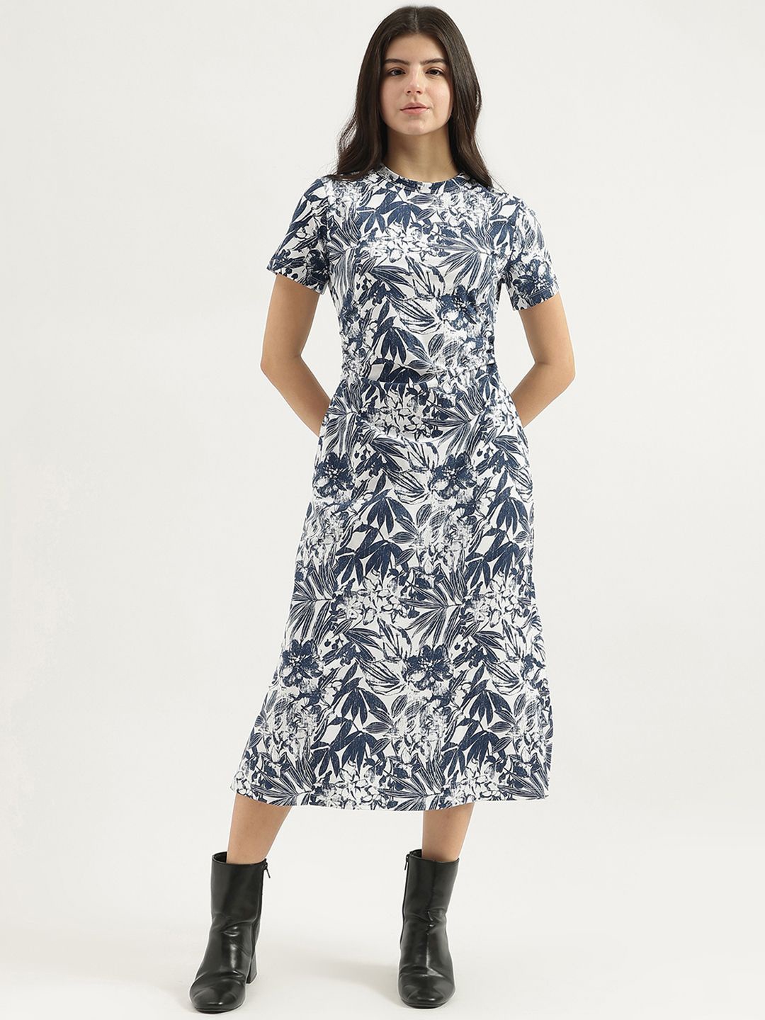

United Colors of Benetton Floral Print A-Line Midi Dress, Blue