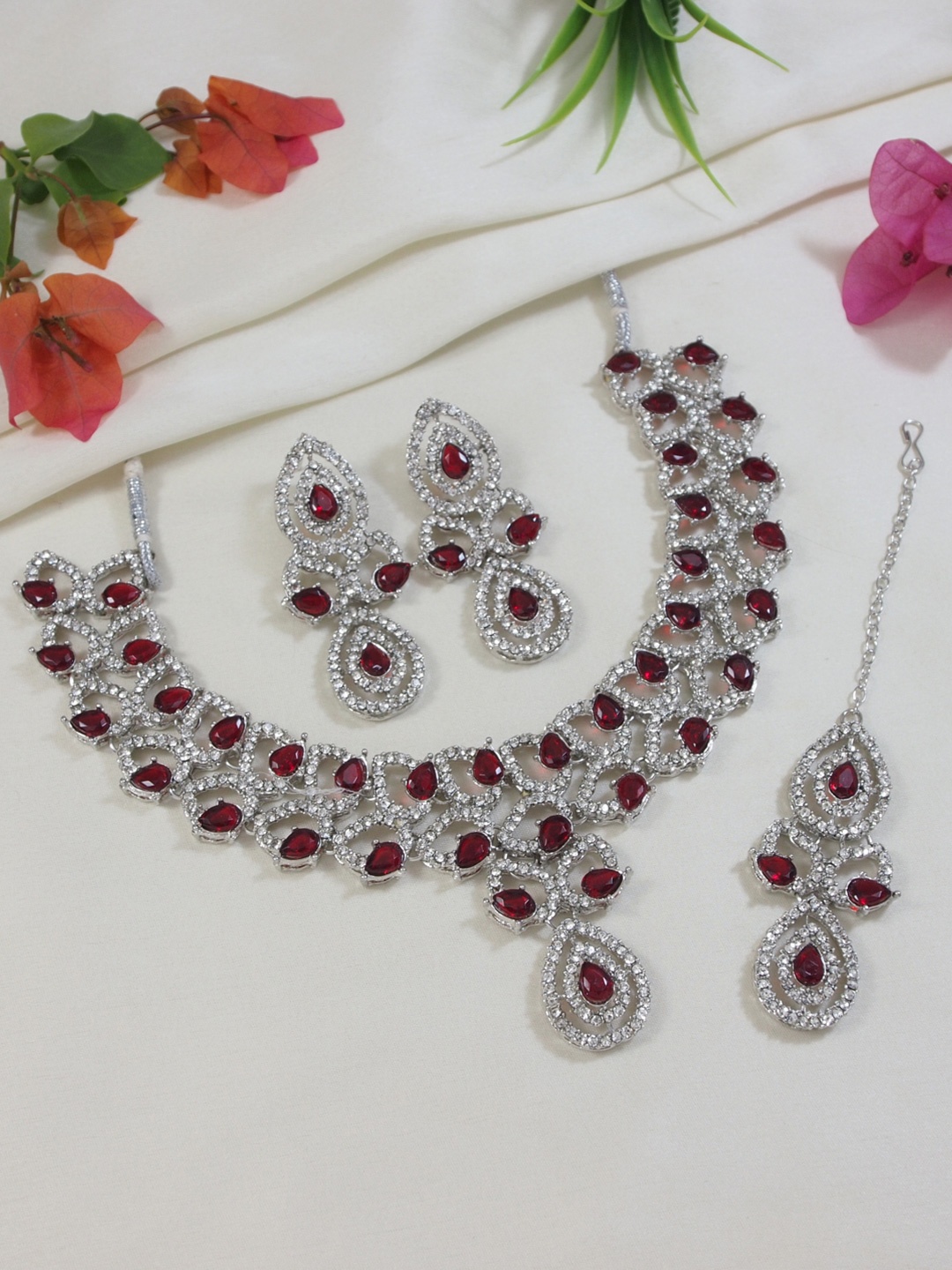 

I Jewels Silver Plated Stone Studded Jewellery Set