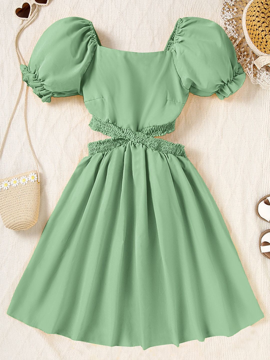 

INCLUD Puff Sleeve A-Line Midi Dress, Green