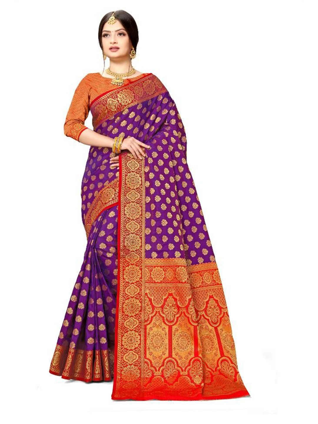 

AKSH FASHION Woven Design Zari Silk Blend Banarasi Saree, Purple