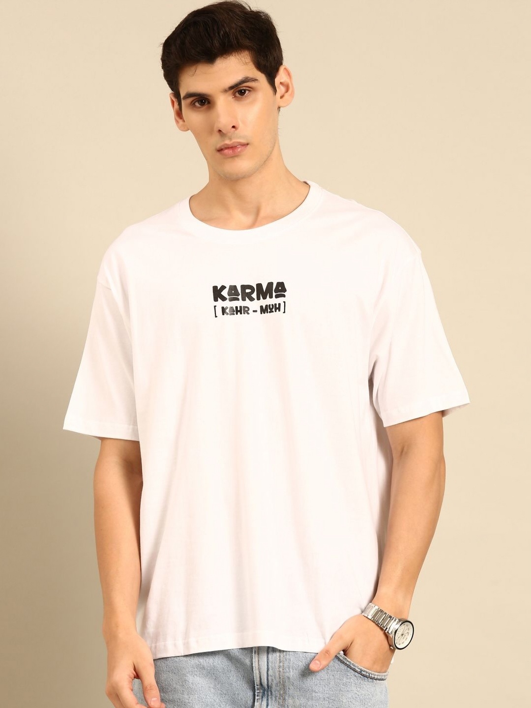 

Mast & Harbour Men Printed Drop-Shoulder Sleeves Bio Finish Applique T-shirt, White