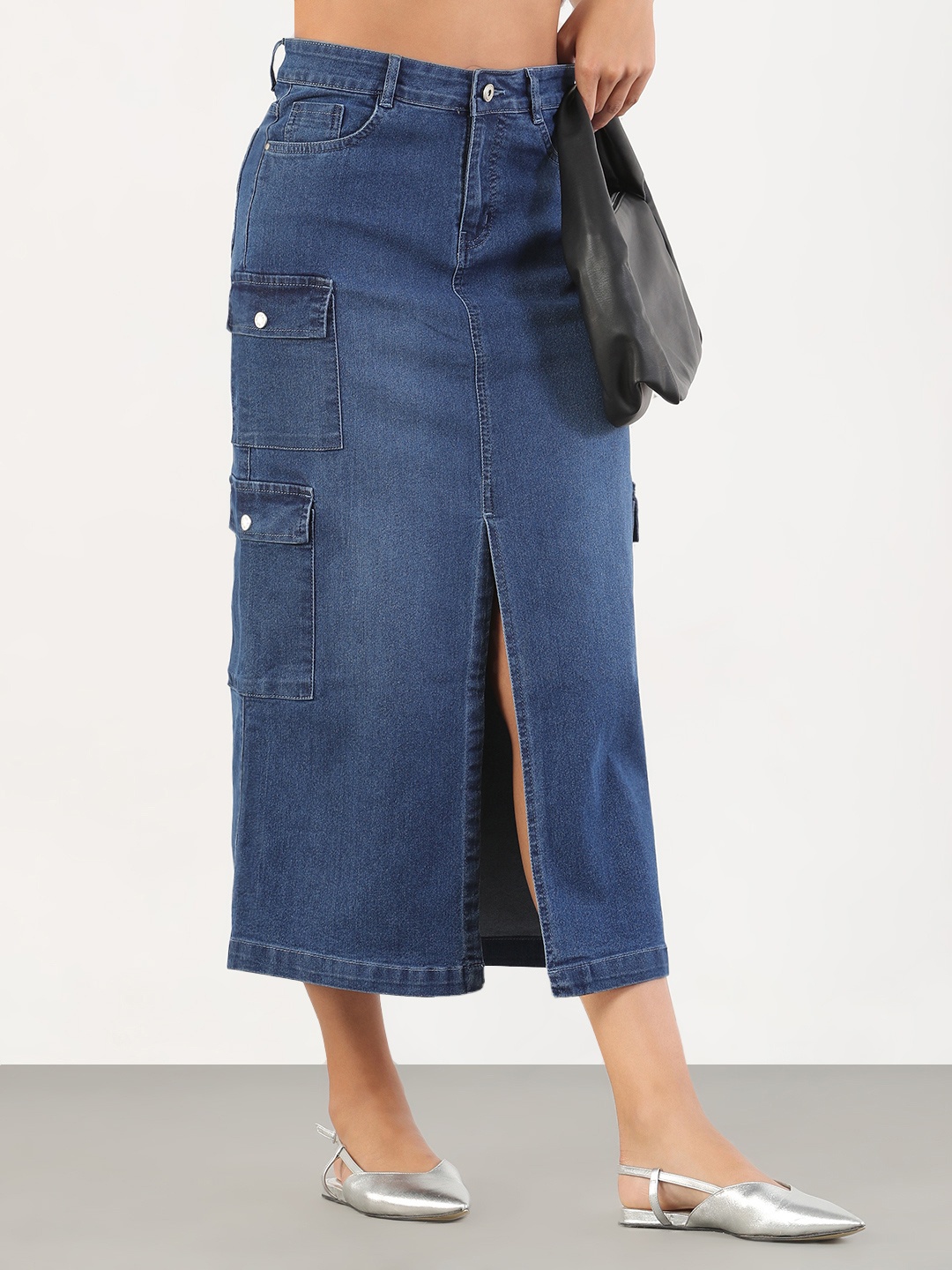 

SHOWOFF Denim Front Slit Pencil Midi Skirt, Blue