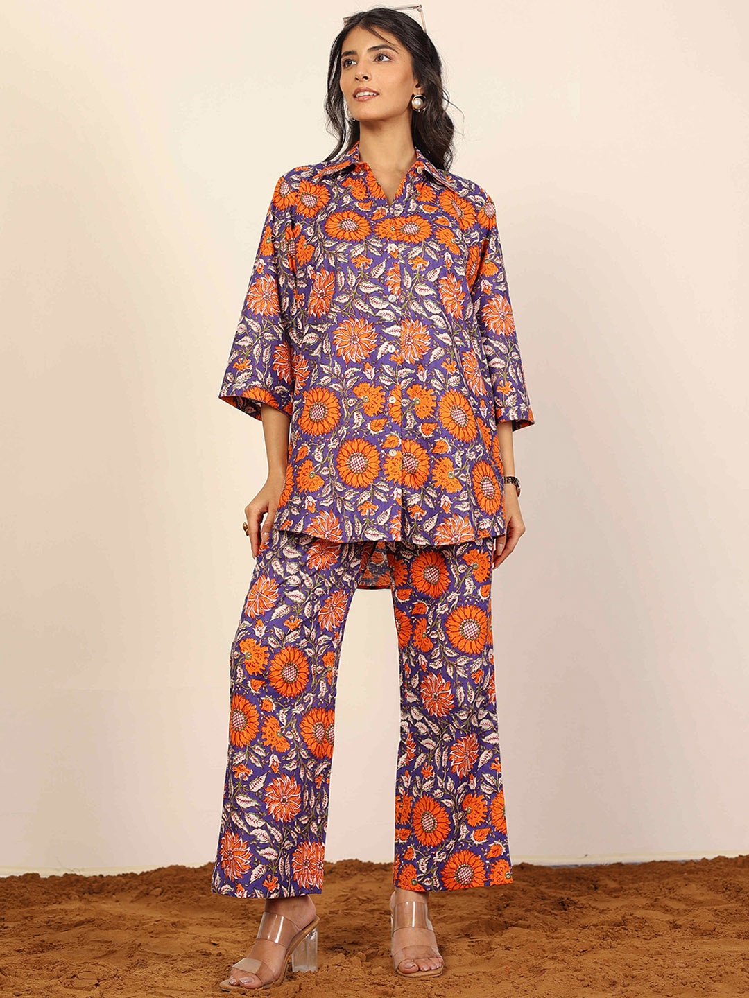 

KAORI BY SHREYA AGARWAL Floral Printed Pure Cotton Shirt & Trousers Co-Ords, Orange