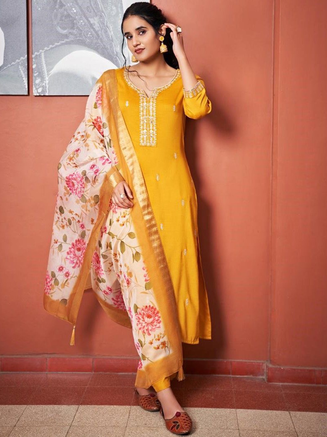 

Colors of Earth Women Floral Embroidered Regular Kurta with Palazzos & With Dupatta, Yellow