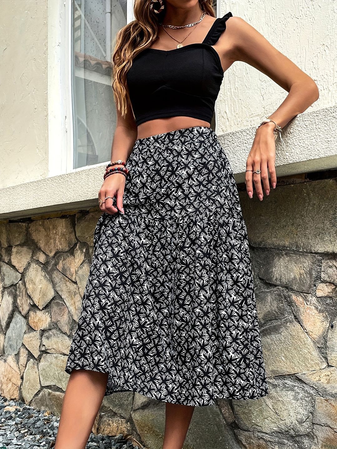 

DressBerry Printed A-Line Midi Skirt, Black
