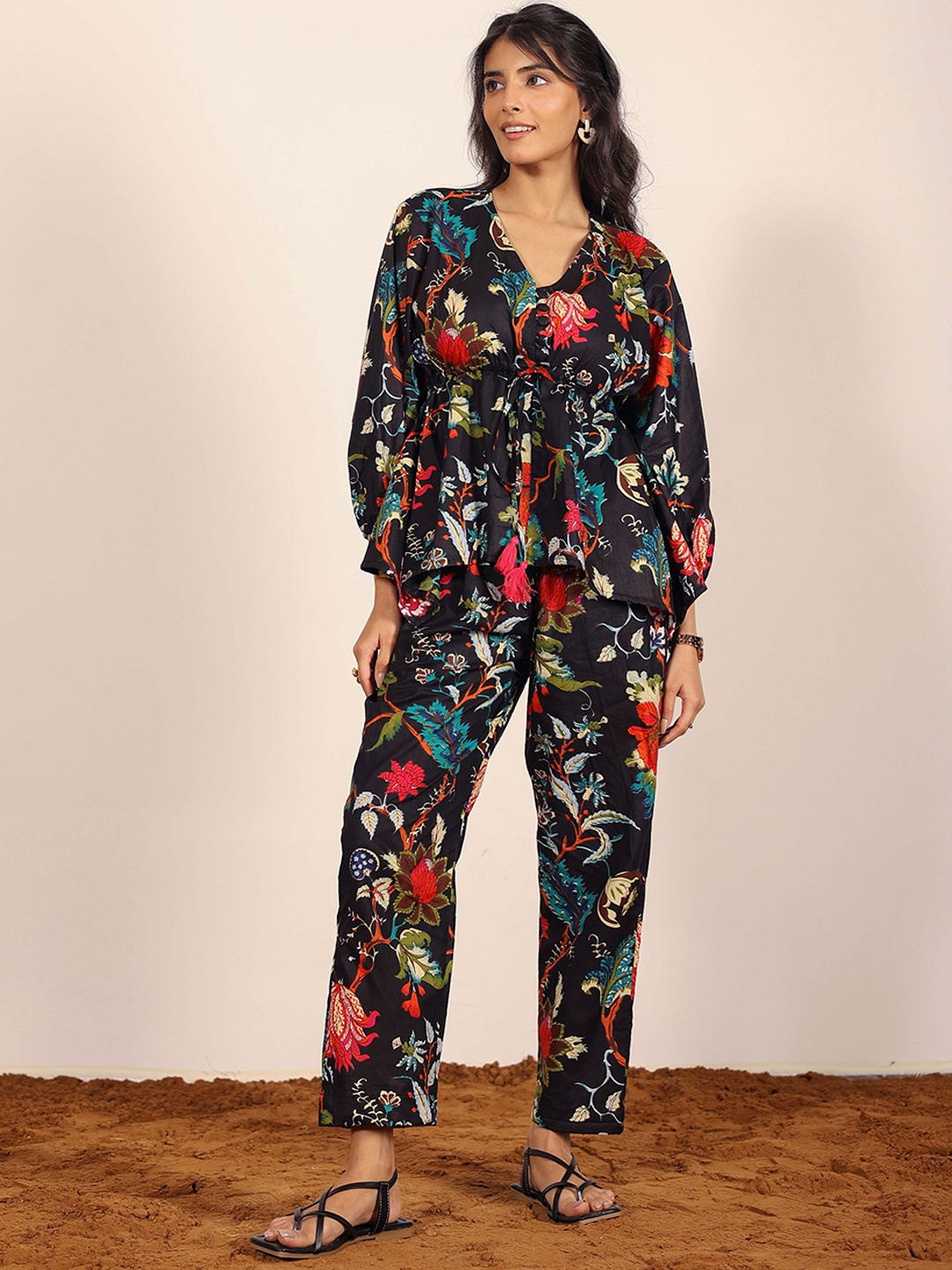 

KAORI BY SHREYA AGARWAL Floral Printed Cotton Top With Trousers Co-Ords, Black
