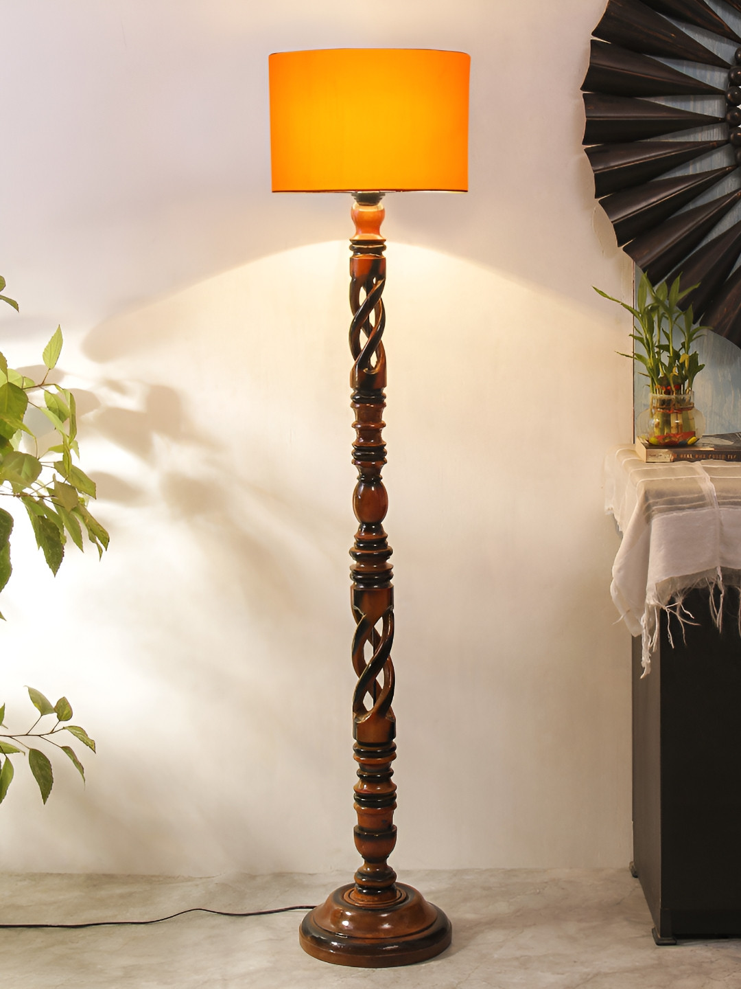 

Devansh Yellow & Brown Cotton Wooden Floor Lamp With Shade