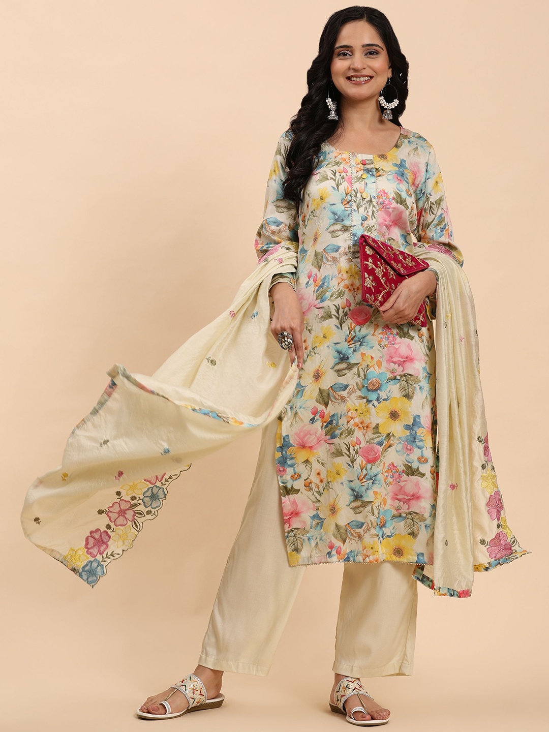 

Mamicha Women Floral Printed Regular Thread Work Pure Cotton Kurta with Palazzos & With Dupatta, Beige