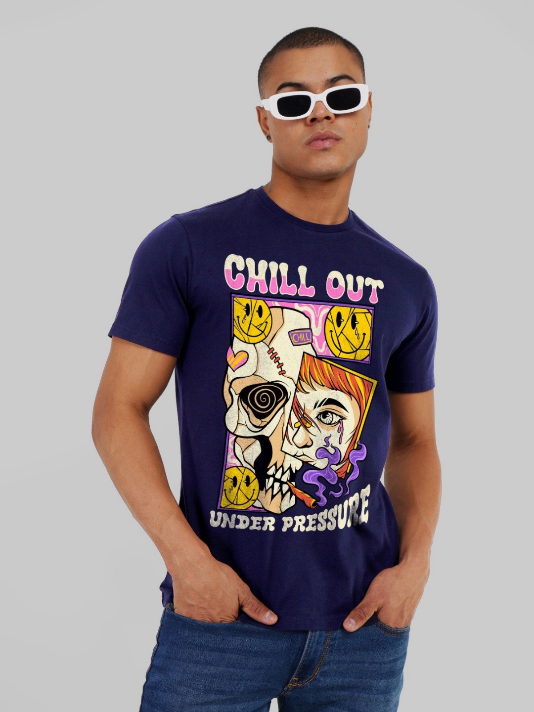 

Underrated Club Men Printed Bio Finish Raw Edge T-shirt, Navy blue