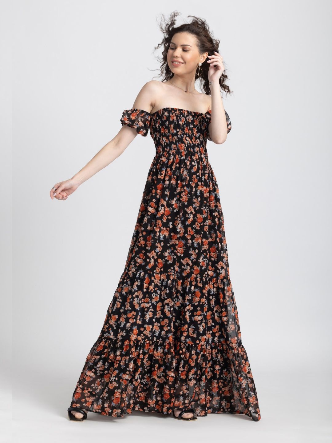 

JULO Floral Print Off-Shoulder Georgette Maxi Dress, Black