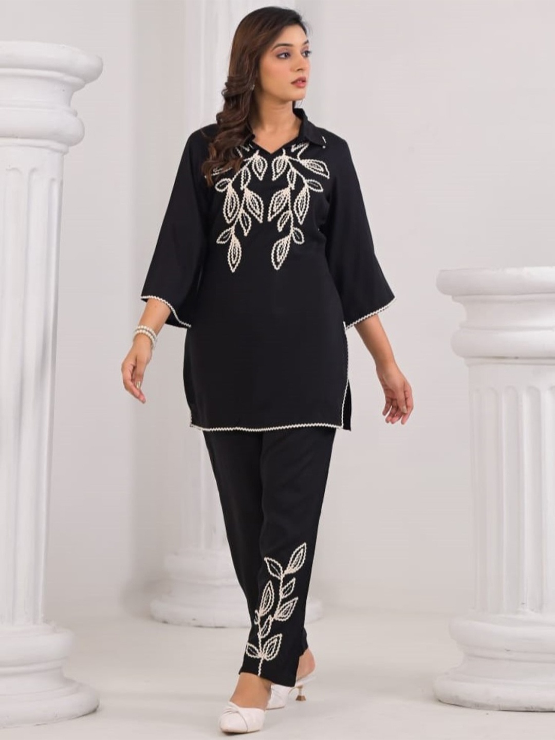 

AUTUMN LANE Embroidered Pure Cotton Top & Trousers Co-Ords, Black