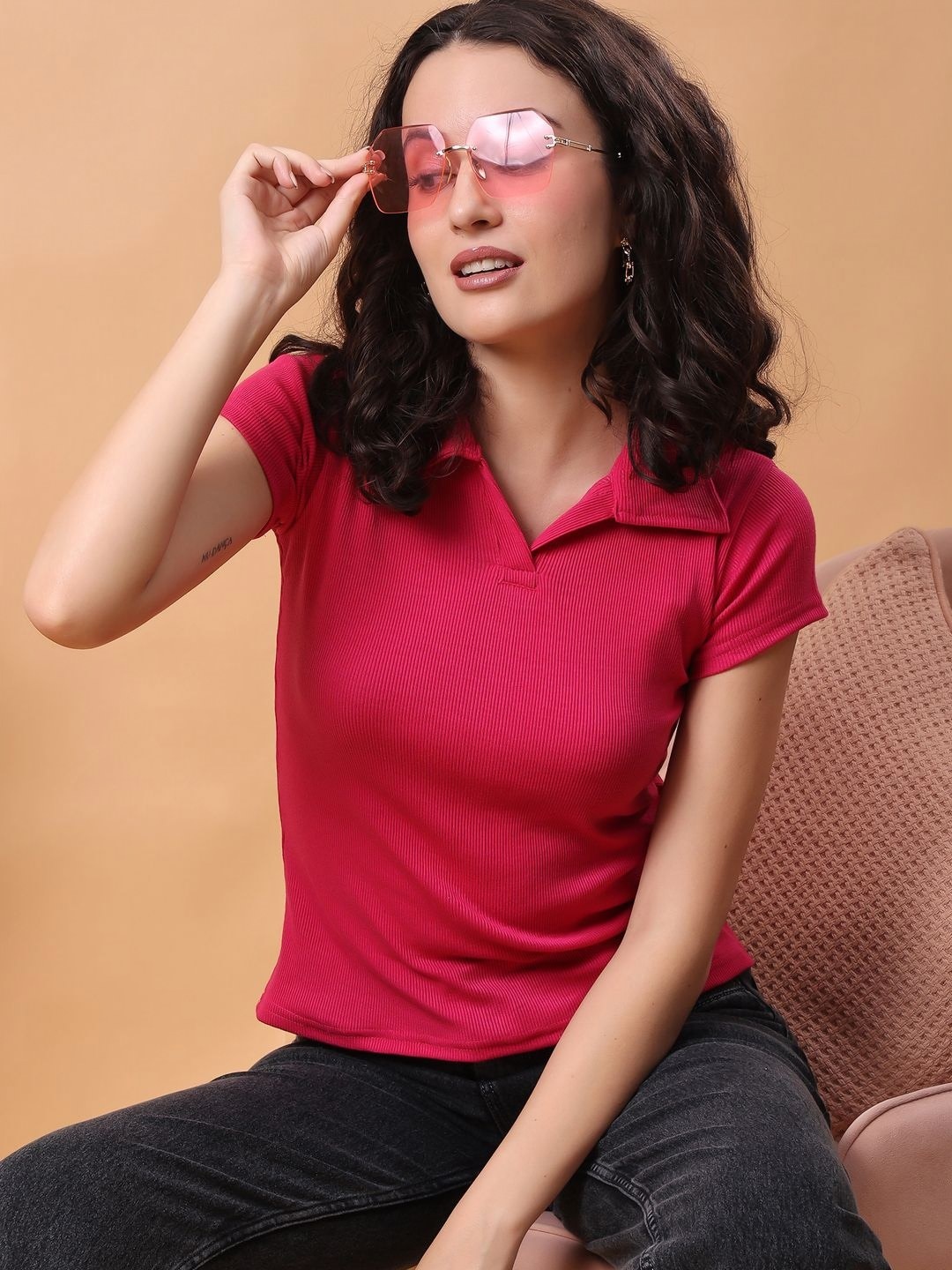 

Ajolli Women Polo Collar Pockets T-shirt, Pink