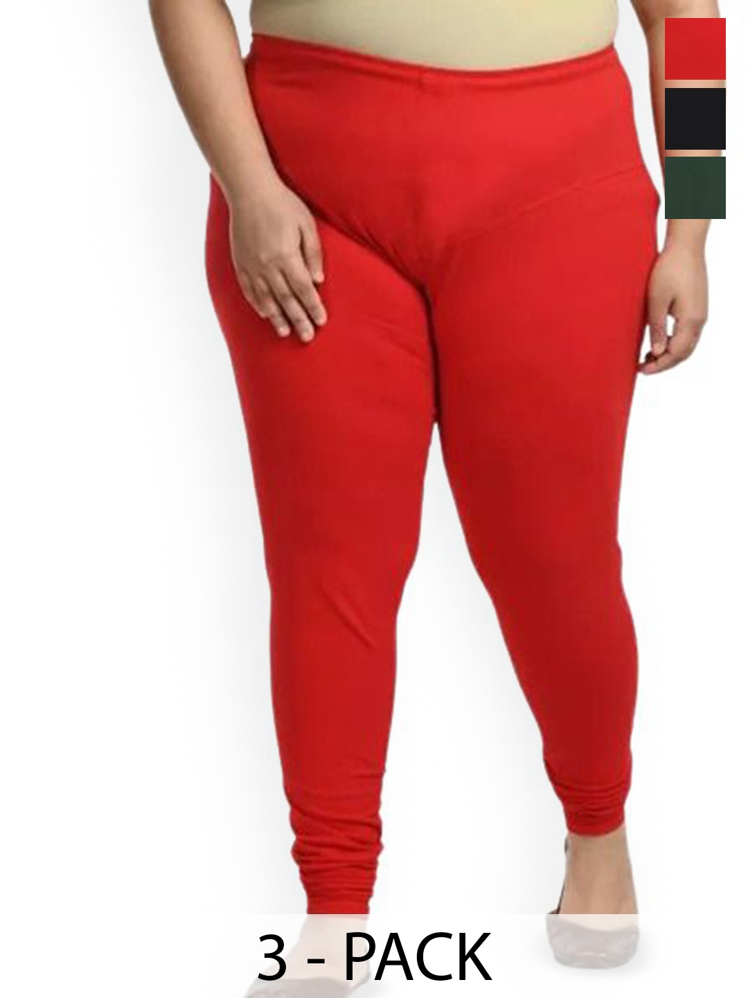 

URBAN KANYA Pack Of 3 Mid-Rise Churidar-Length Leggings, Red