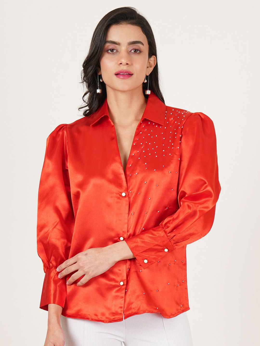 

U&F Women Original Slim Fit Opaque Printed Party Shirt, Red