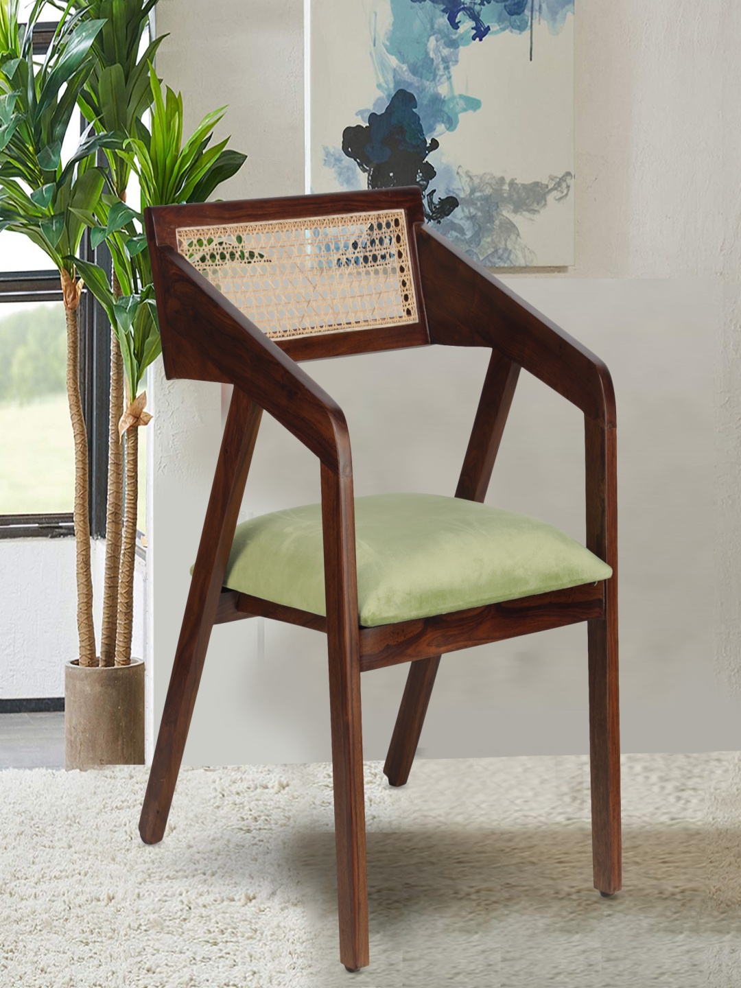 

GLOBALLY INDIAN Lime Green Cane-Back Accent Arm Chair