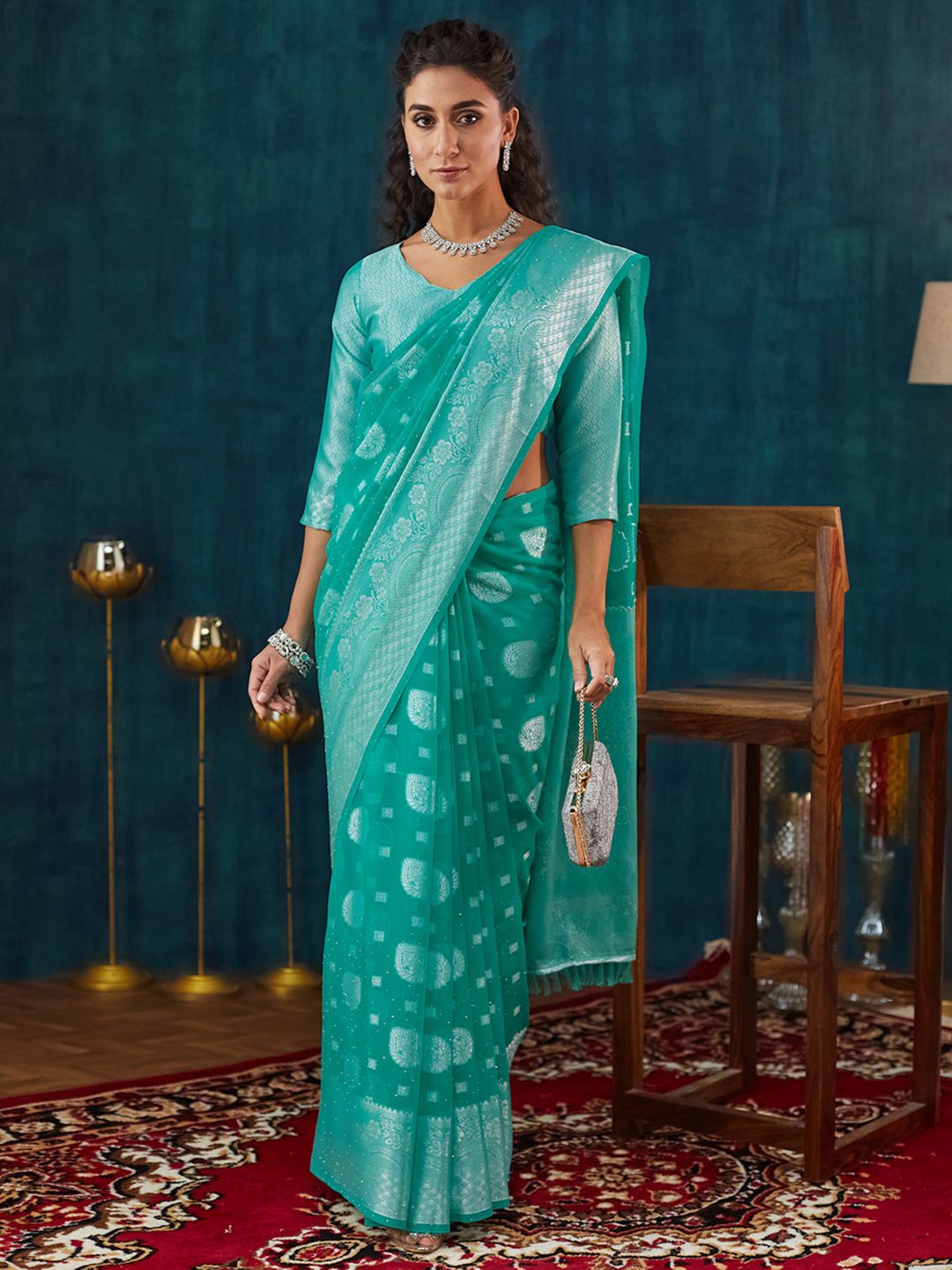 

Mitera Woven Design Zari Pure Georgette Banarasi Saree, Turquoise blue