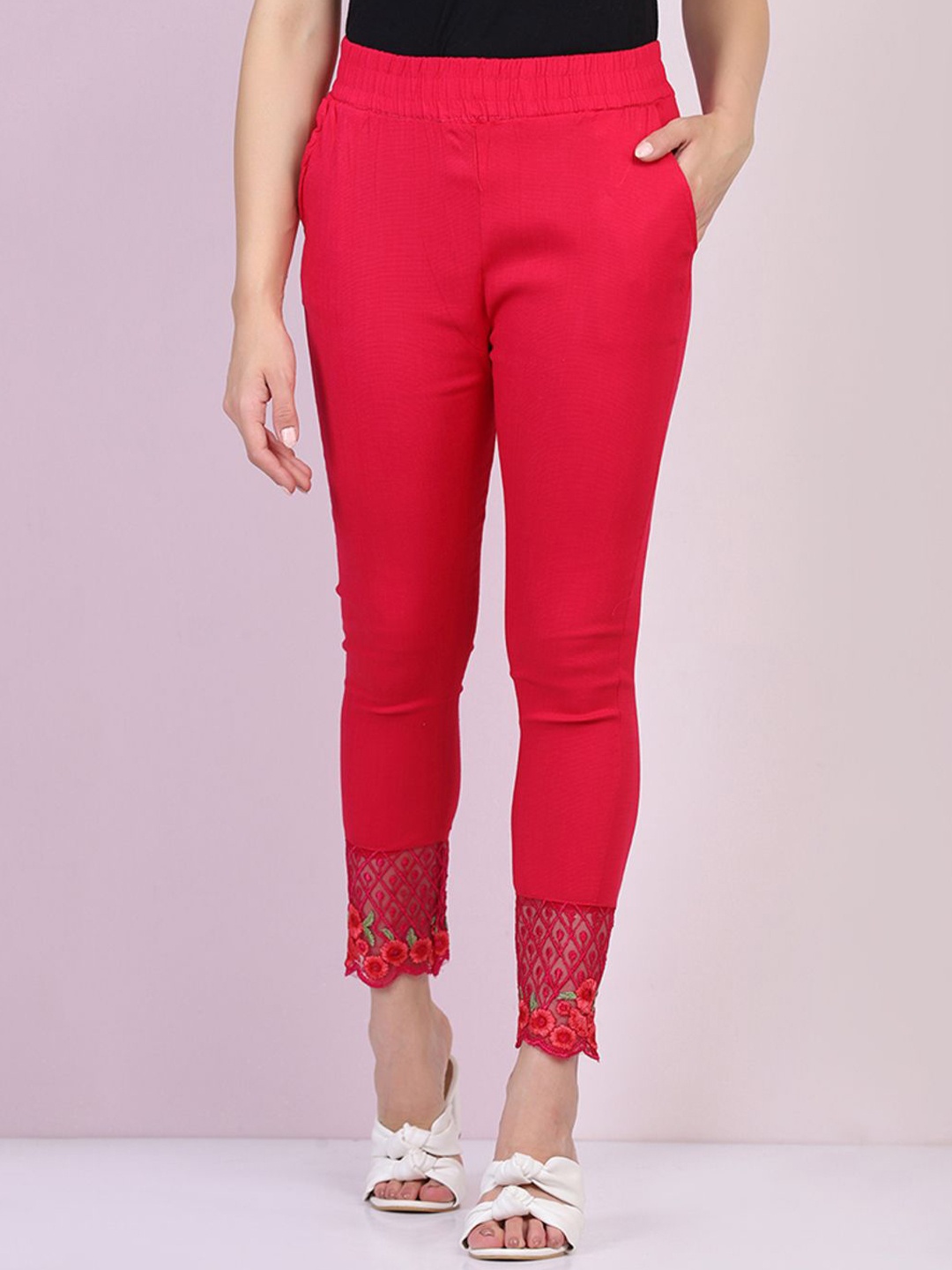 

Dimpy Garments Pure Cotton Skinny Fit Ankle Length Legging With Lace, Pink
