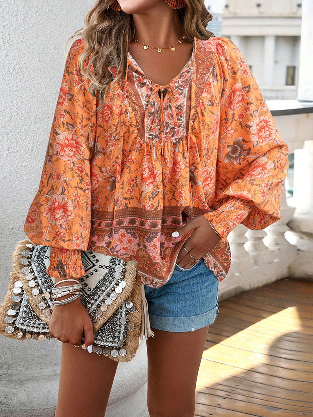 

JC Mode Floral Print Tie-Up Neck Extended Sleeves Top, Orange