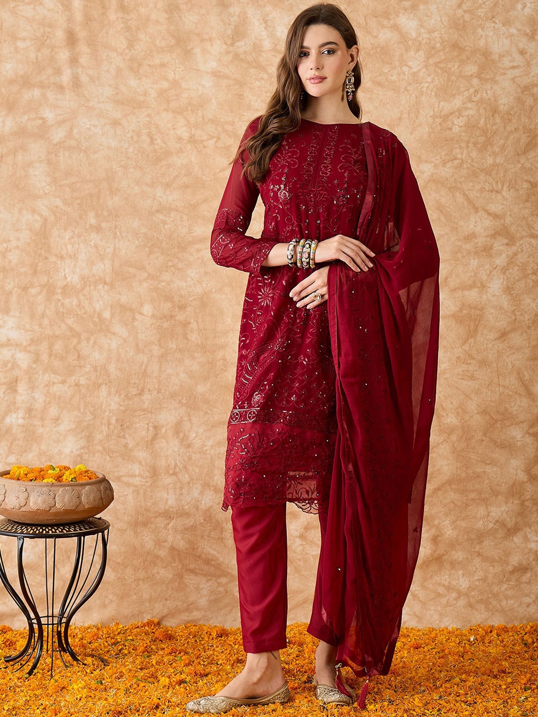 

SAINOOR Embroidered Silk Georgette Unstitched Dress Material, Maroon