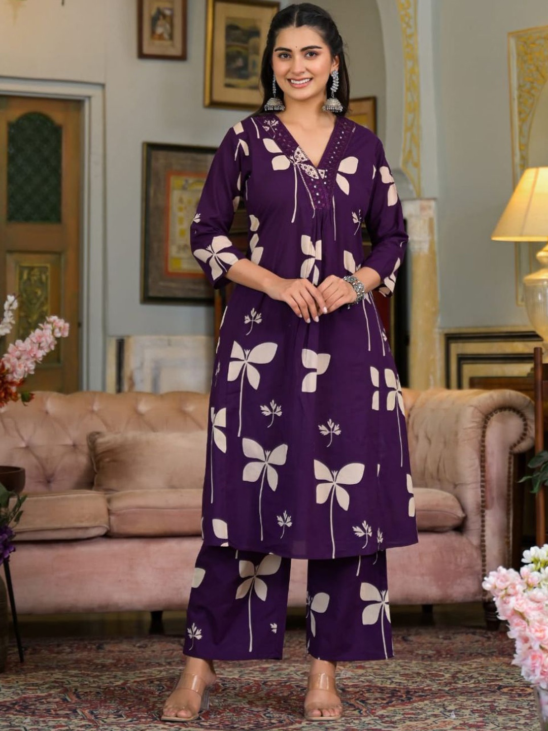 

KALINI Women Floral Printed Regular Thread Work Pure Cotton Kurta with Palazzos, Purple