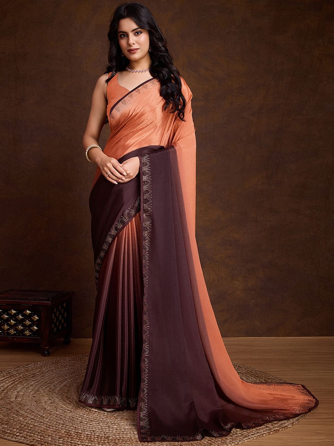 

Peachmode Ombre Beads and Stones Pure Chiffon Saree, Peach