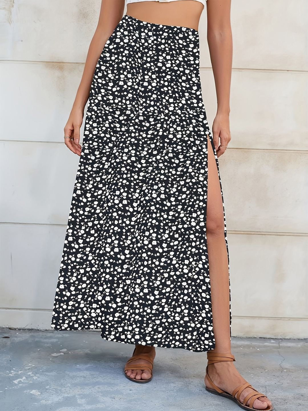 

DressBerry Printed Side Slit A-Line Maxi Skirt, Black