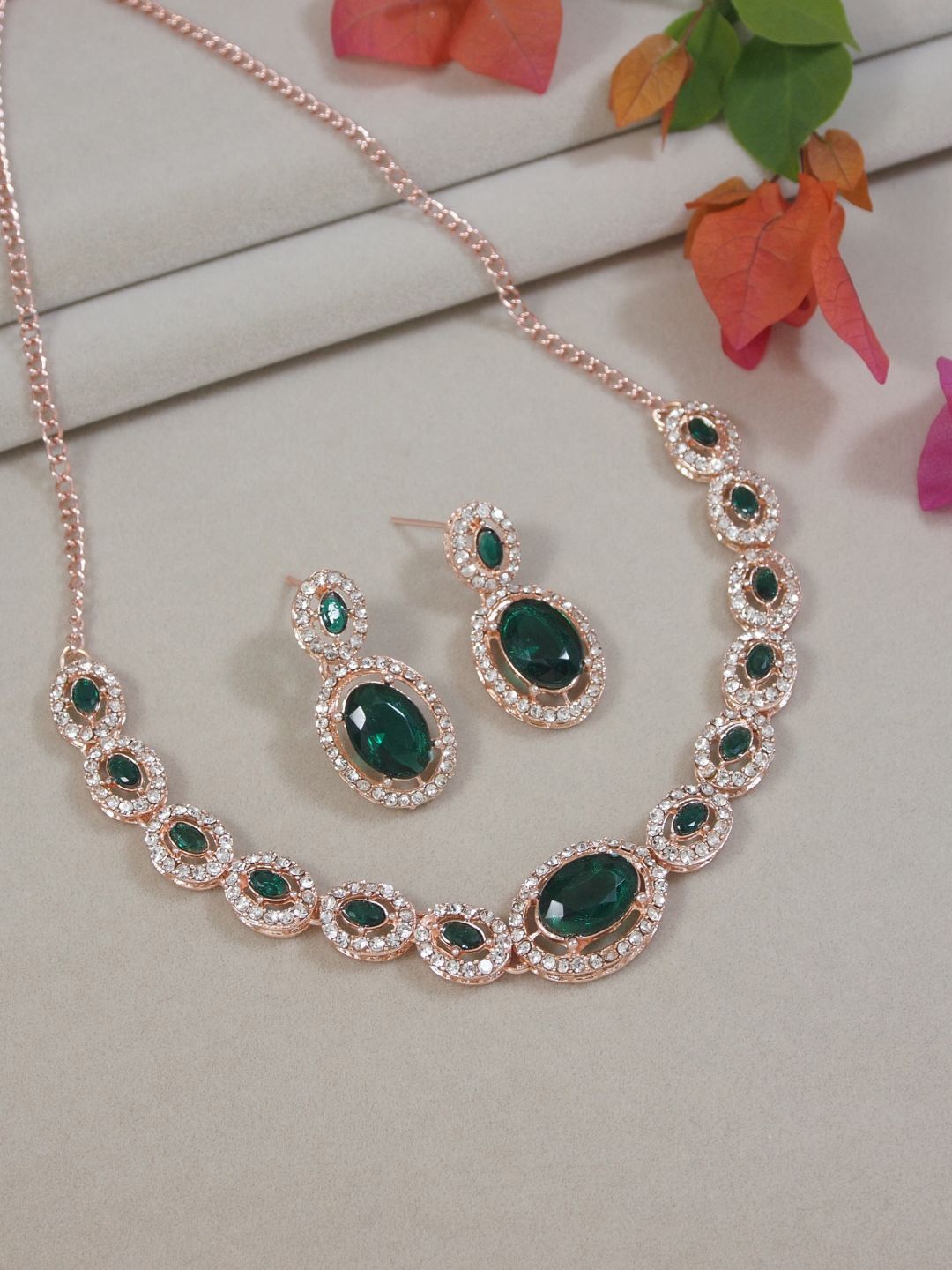 

I Jewels Rose Gold-Plated Stone Studded Choker Jewellery Set