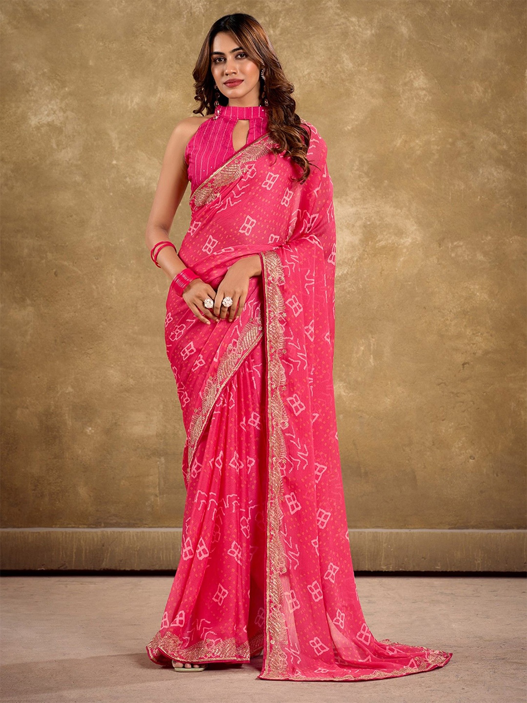 

LeeliPeeri Designer Bandhani Embroidered Poly Chiffon Saree, Pink