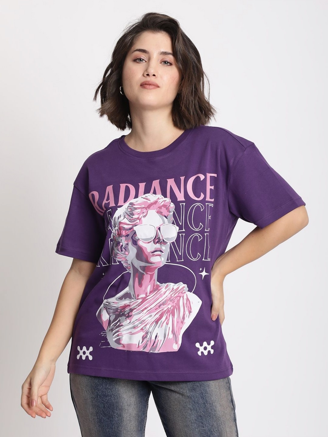 

Bene Kleed Women Printed Drop-Shoulder Sleeves T-shirt, Purple