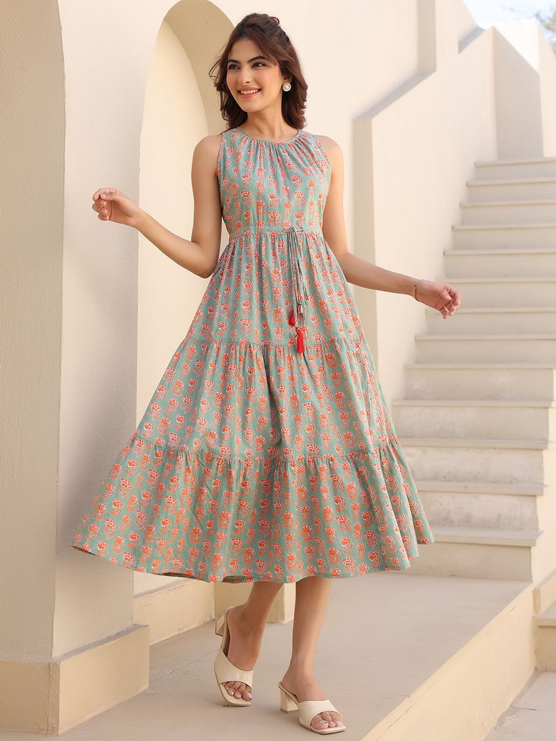 

Janasya Women's Mint Green Pure Cotton Floral Block Print Tiered Western Dress