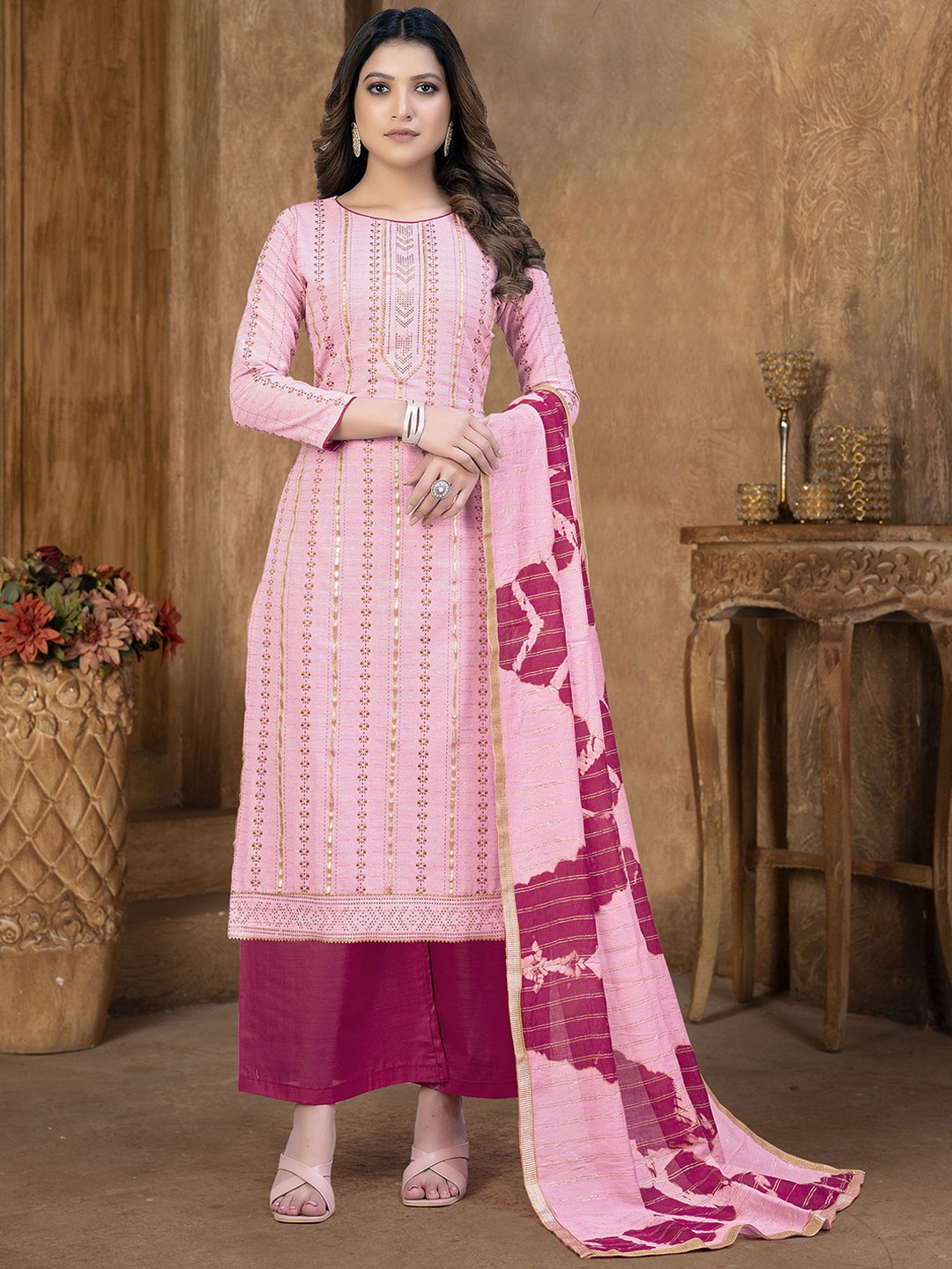 

SAINOOR Embroidered Pure Cotton Semi-Stitched Dress Material, Pink