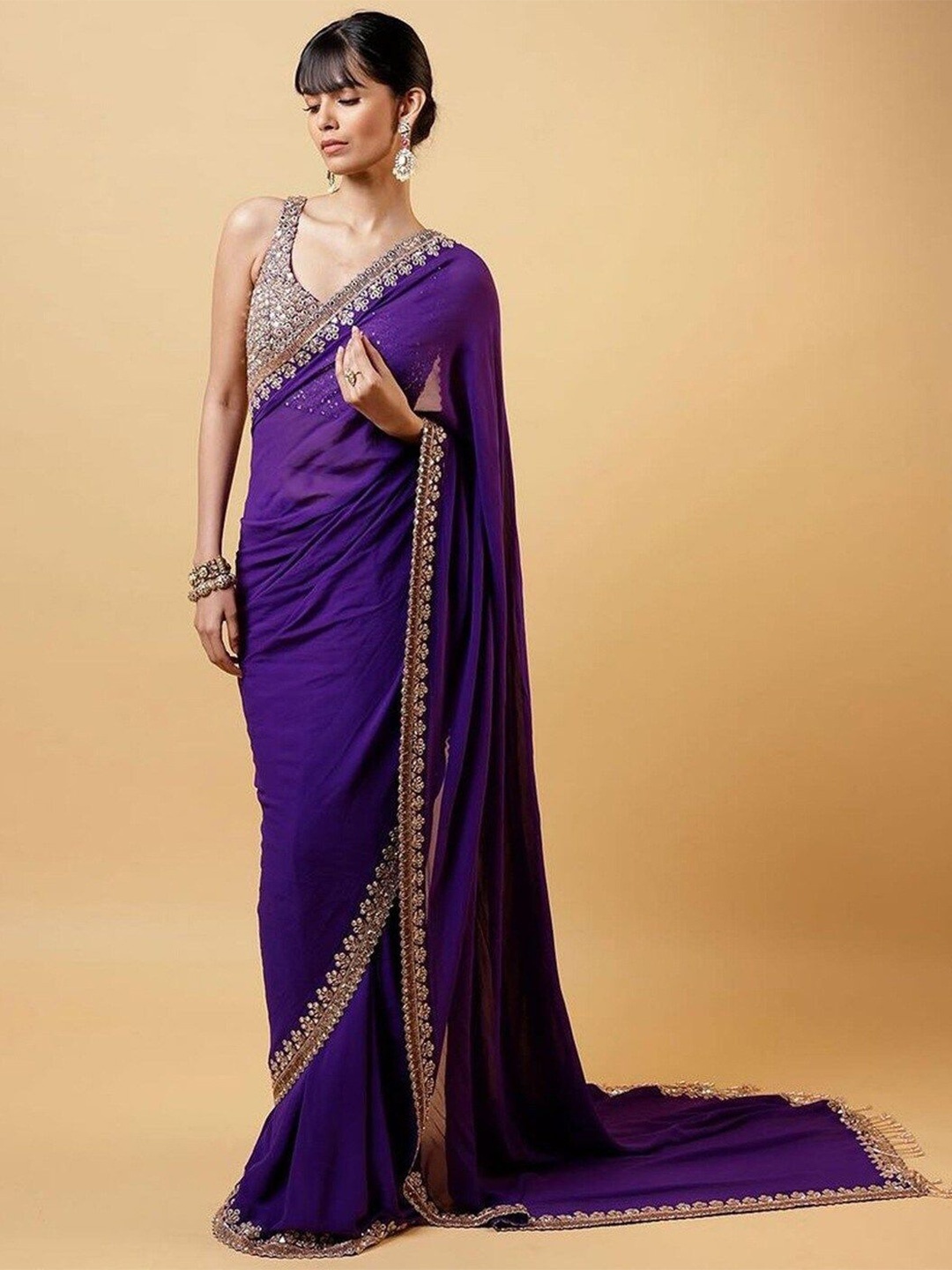 

KALINI Embroidered Poly Georgette Banarasi Saree, Purple