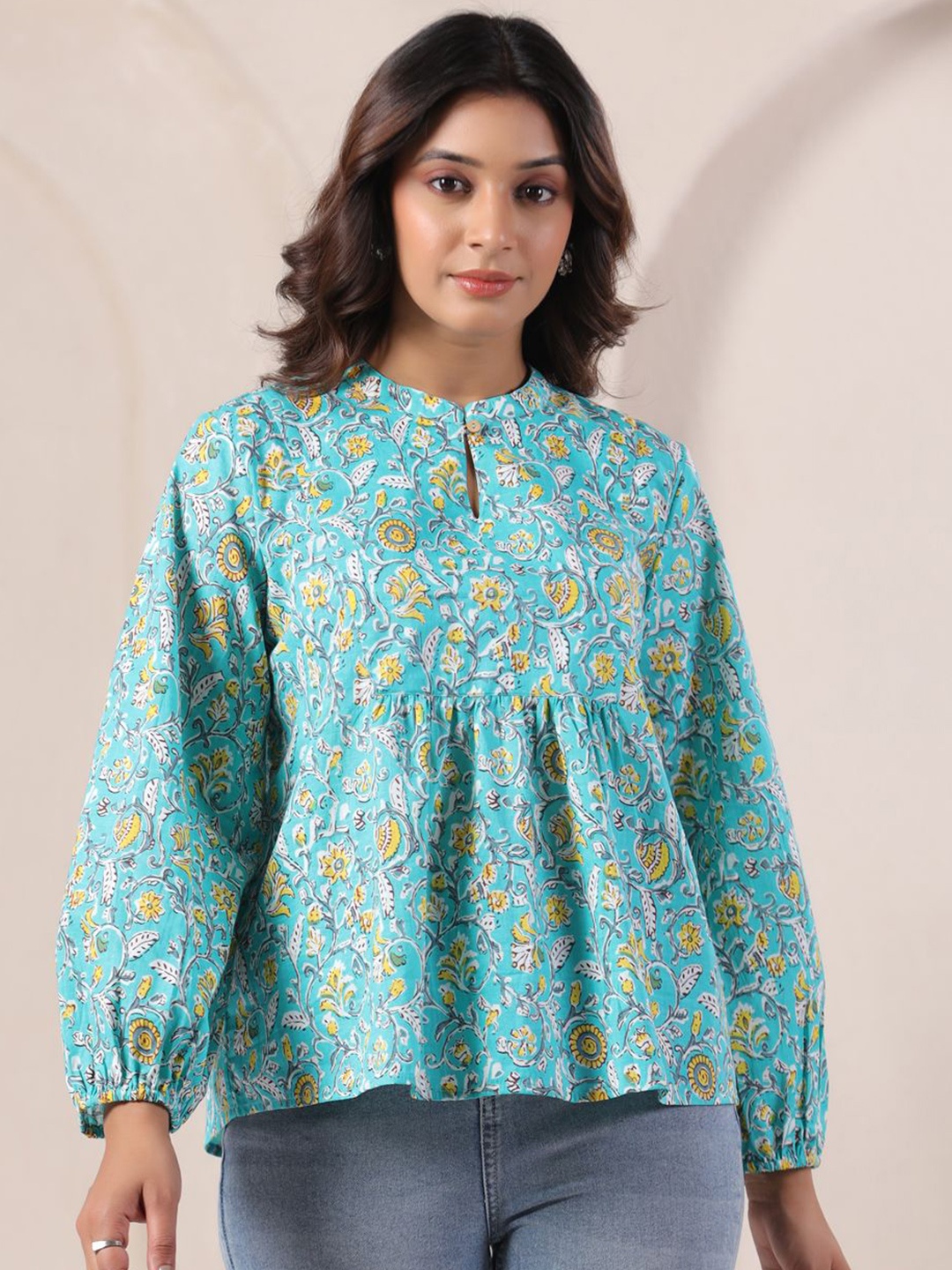 

Zenava by Myntra Floral Print Cotton Empire Top, Blue