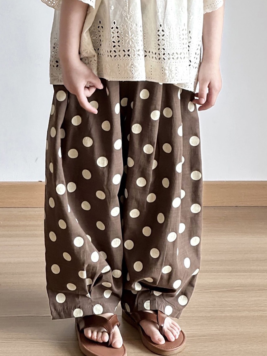 

LULU & SKY Girls Polka Dot Printed Straight Fit High-Rise Trousers, Brown
