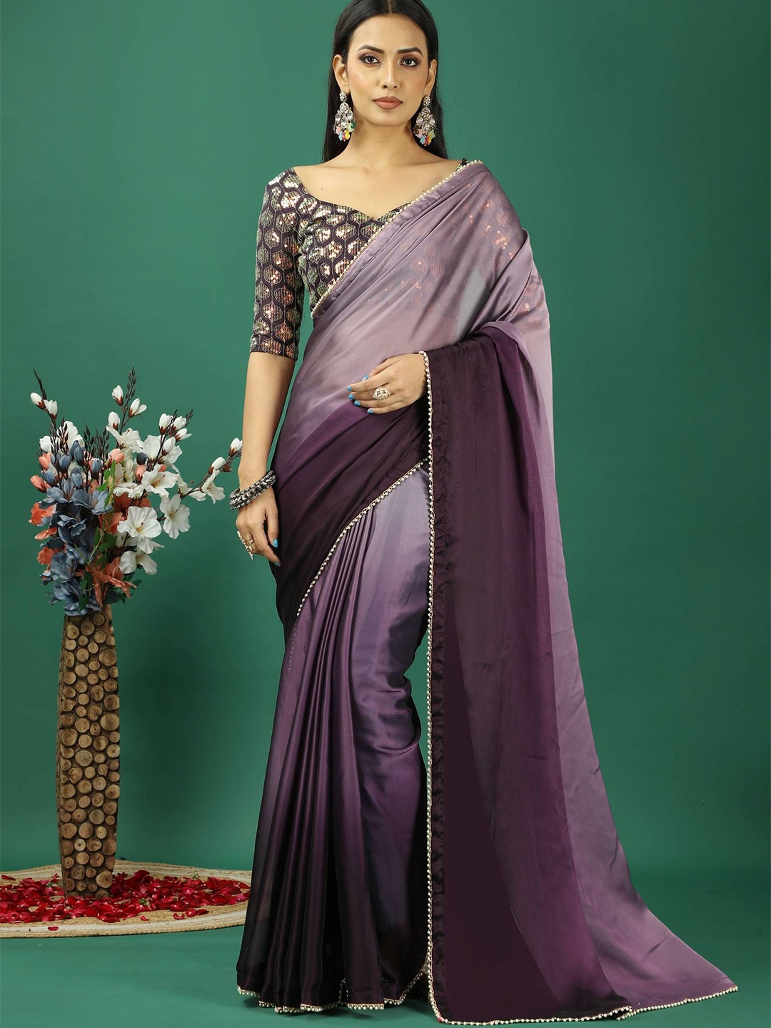 

DIVASTRI Ombre Beads and Stones Satin Banarasi Saree, Purple