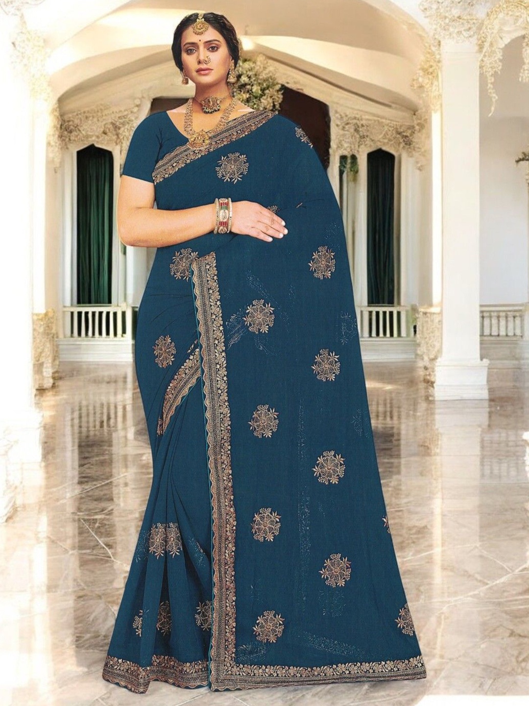 

SHOPPKEE Embellished Beads and Stones Poly Georgette Banarasi Saree, Blue