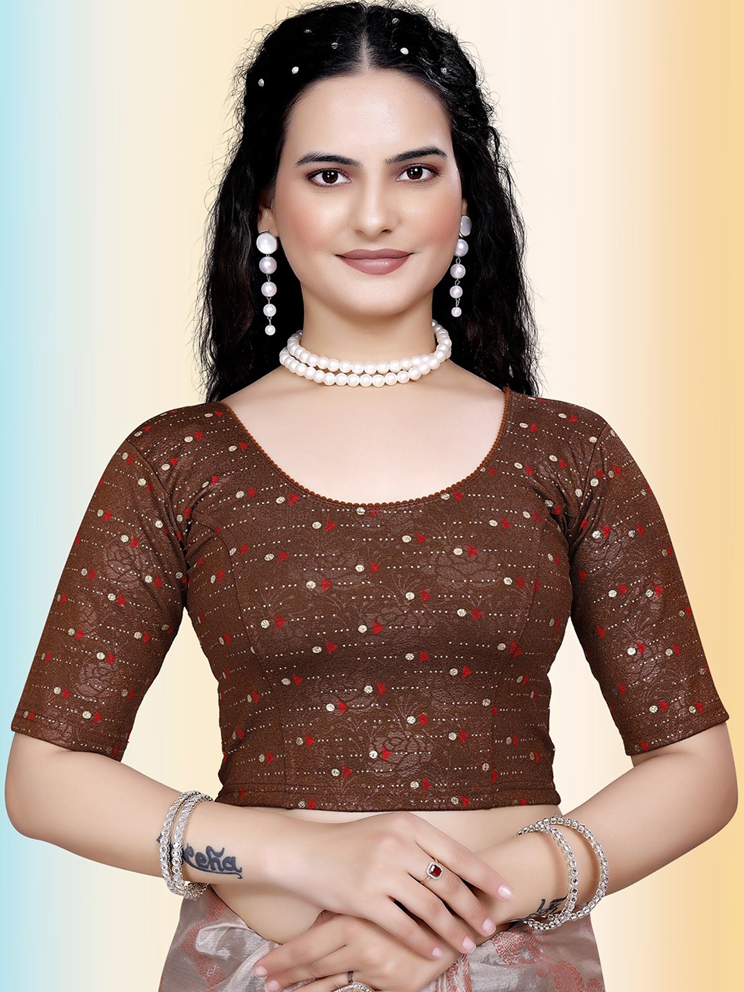 

TANISHM FEB TEX Printed Cotton Saree Blouse, Coffee brown